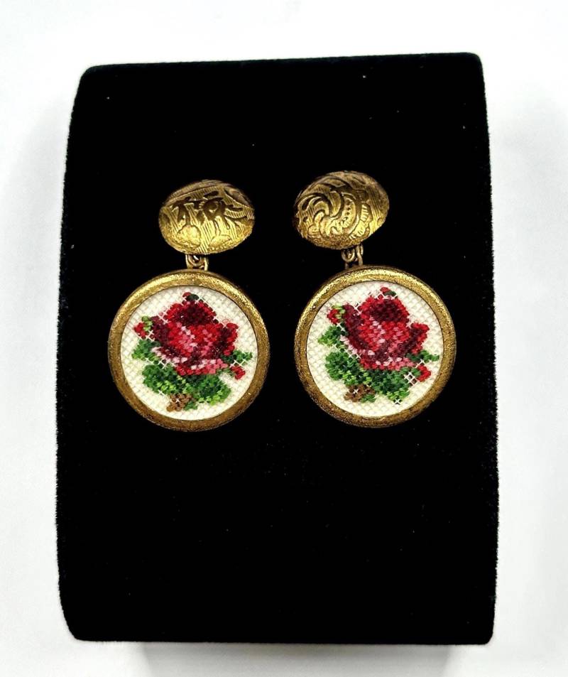 Bestickte Rosen Manschettenknöpfe 1940Er Hand Manschetten, Boutons De Manchette Roses Brodés À La Main, Hand Embroidered Cufflinks von VintageStarsParis