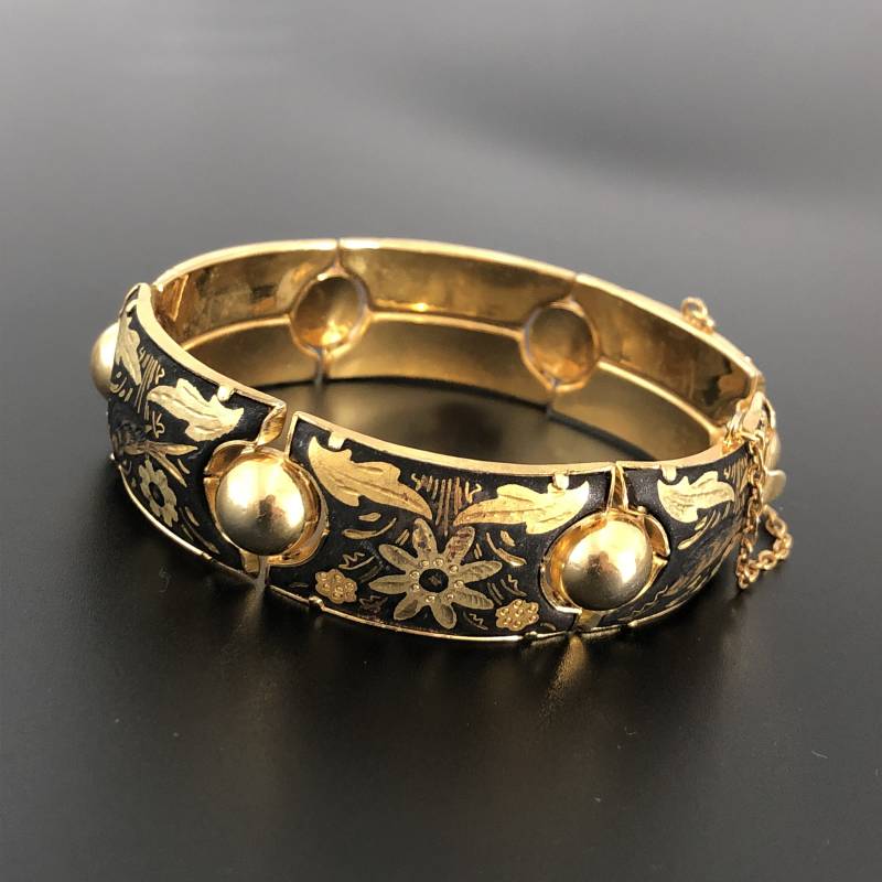 Damaszierter Clamper Armreif Vintage 1950S Vögel Blumen Pflanzen Verzierter Vergoldeter Armreifen von VintageStarsParis