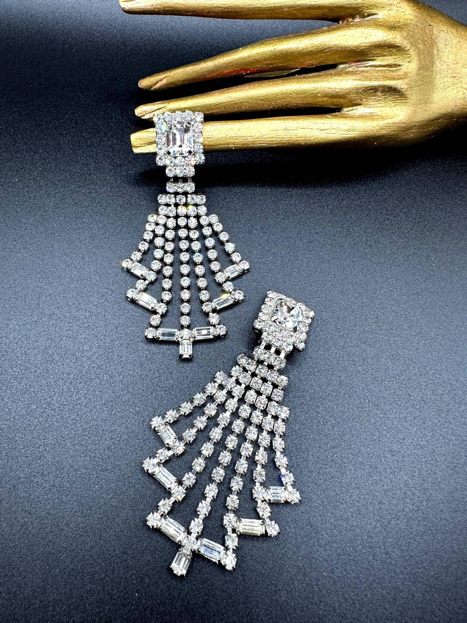 Einzigartig Schöne Ohrclips Baguette Strass Verzierte 1950S Fächer Design Clip Ohrringe - Jugendstil Era Glamour Brautschmuck von VintageStarsParis