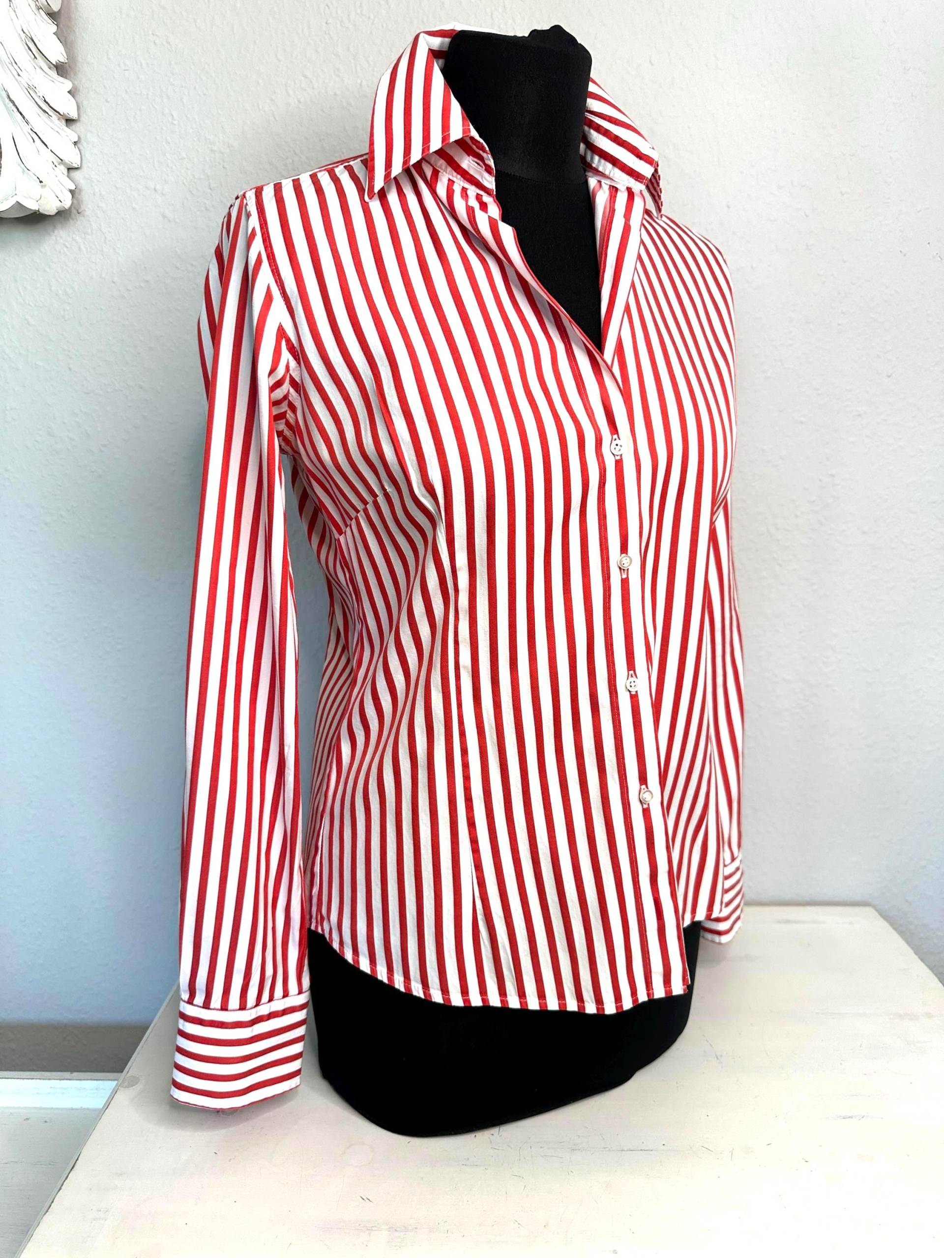 Milano Bluse Rot Weiß Gestreifte Lippenstift Rote Vintage Damenbluse Zeitlos Klassisch Schön, Marke Milano De/Eu Gr 38 von VintageStarsParis