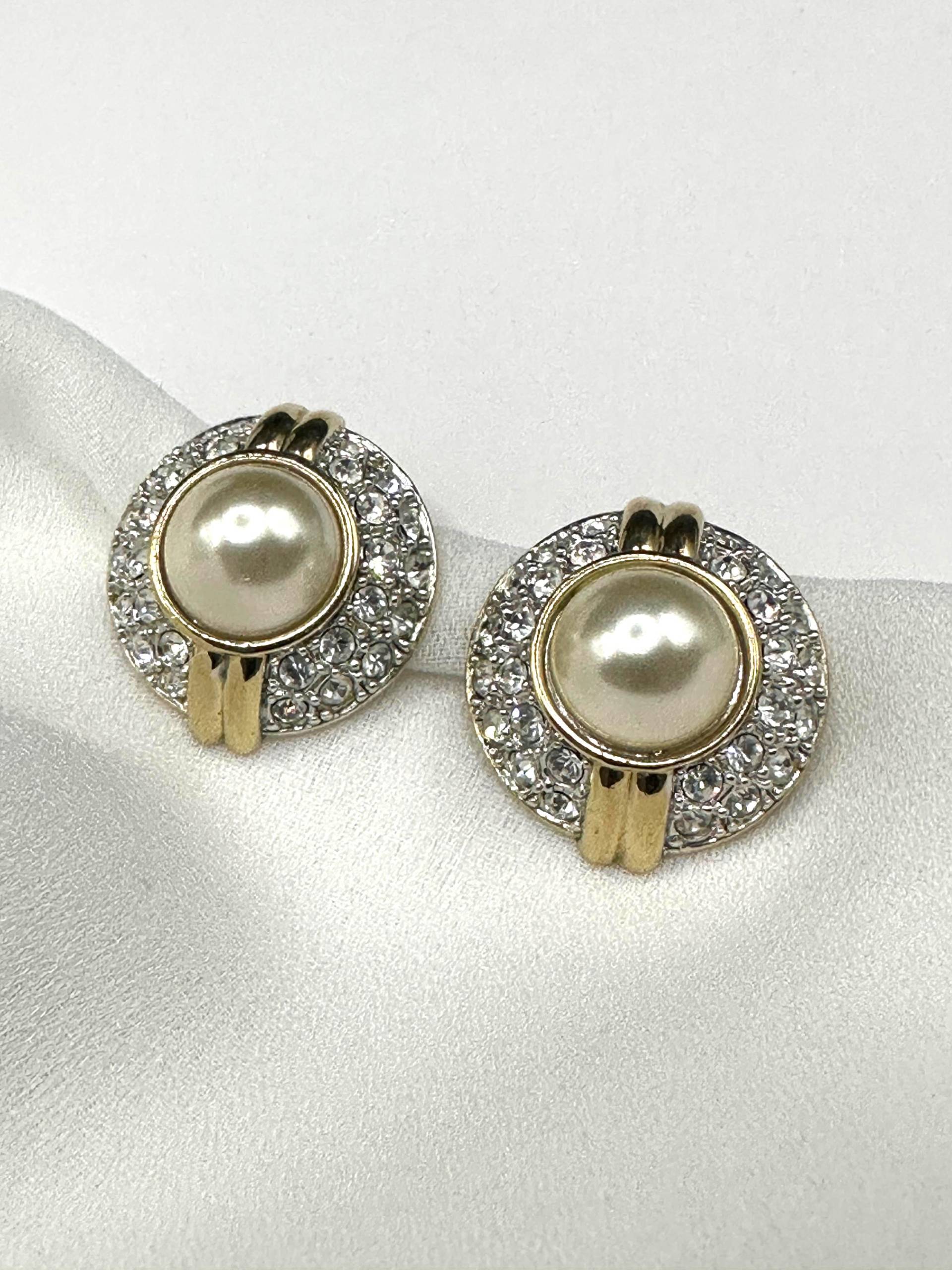 Perlen Strass Ohrclips Vintage 1980S Klare Steine & Eine Faux Perle Verzierte, Klassisch Elegante Zeitlos Schöne Clip Ohrringe von VintageStarsParis