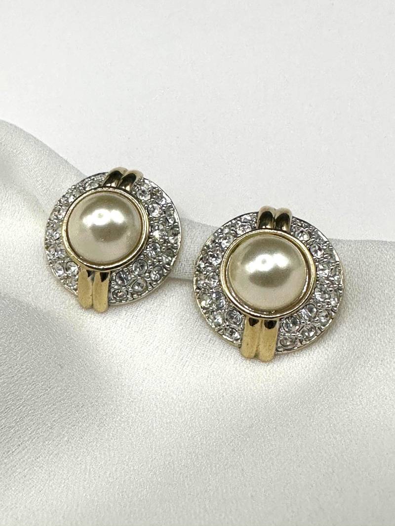 Perlen Strass Ohrclips Vintage 1980S Klare Steine & Eine Faux Perle Verzierte, Klassisch Elegante Zeitlos Schöne Clip Ohrringe von VintageStarsParis