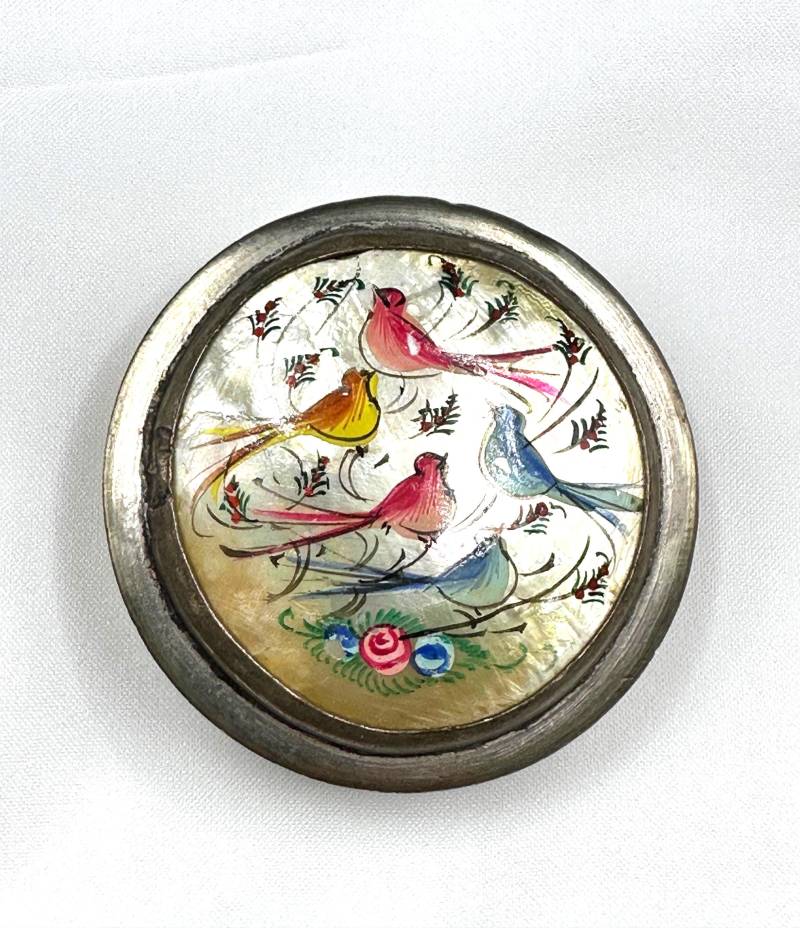 Perlmutt Paradiesvögel Silberdose Schmuck Dose Mit Deckel, Hand Bemalte, Silber Schatulle Handarbeit Aus Japan Der 1940Er Jahre von VintageStarsParis
