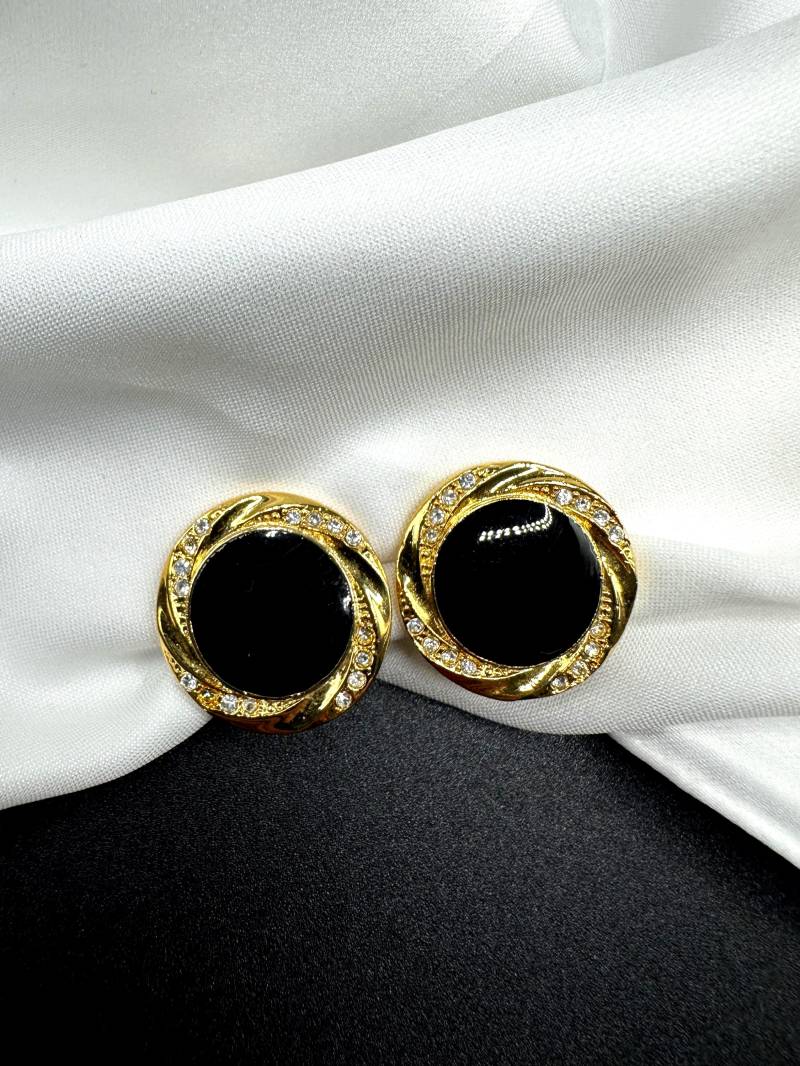 Schwarz Emaillierte Ohrclips Hochwertige, Elegante Vintage 1980S Klare Strass Verzierte Clip Ohrringe, 2.5 cm Ø von VintageStarsParis