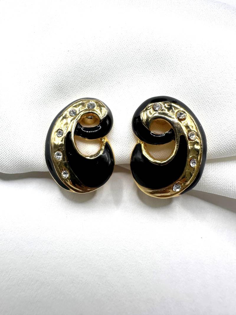 Schwarz Emaillierte Ohrclips Hochwertige, Elegante Vintage 1980S Klare Strass Verzierte Clip Ohrringe von VintageStarsParis