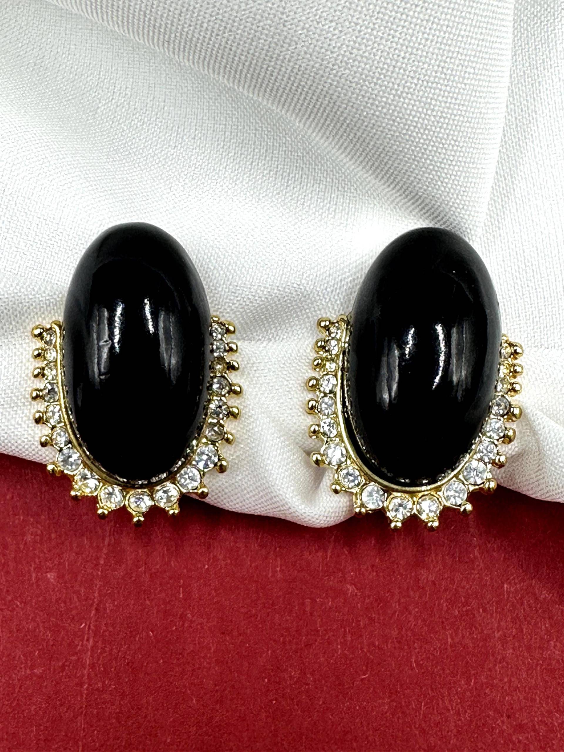 Schwarze Lucite Ohrclips Klare Strass Verzierte, Elegante Vintage 1980S Clip Ohrringe von VintageStarsParis