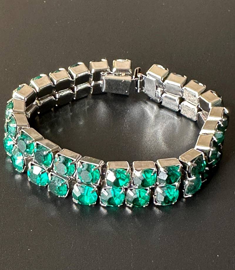 Smaragd Grünes Strass Armband Vintage Glamour Cocktail Party Der 1950Er - 1960Er Jahre, Rar, Sammler von VintageStarsParis