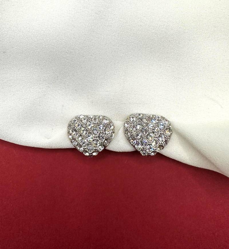 Strass Herz Ohrclips Vintage 1980S Klare Steine Verzierte, Klassisch Elegante Zeitlos Schöne, Vergoldete, Hochwertige Clip Ohrringe von VintageStarsParis