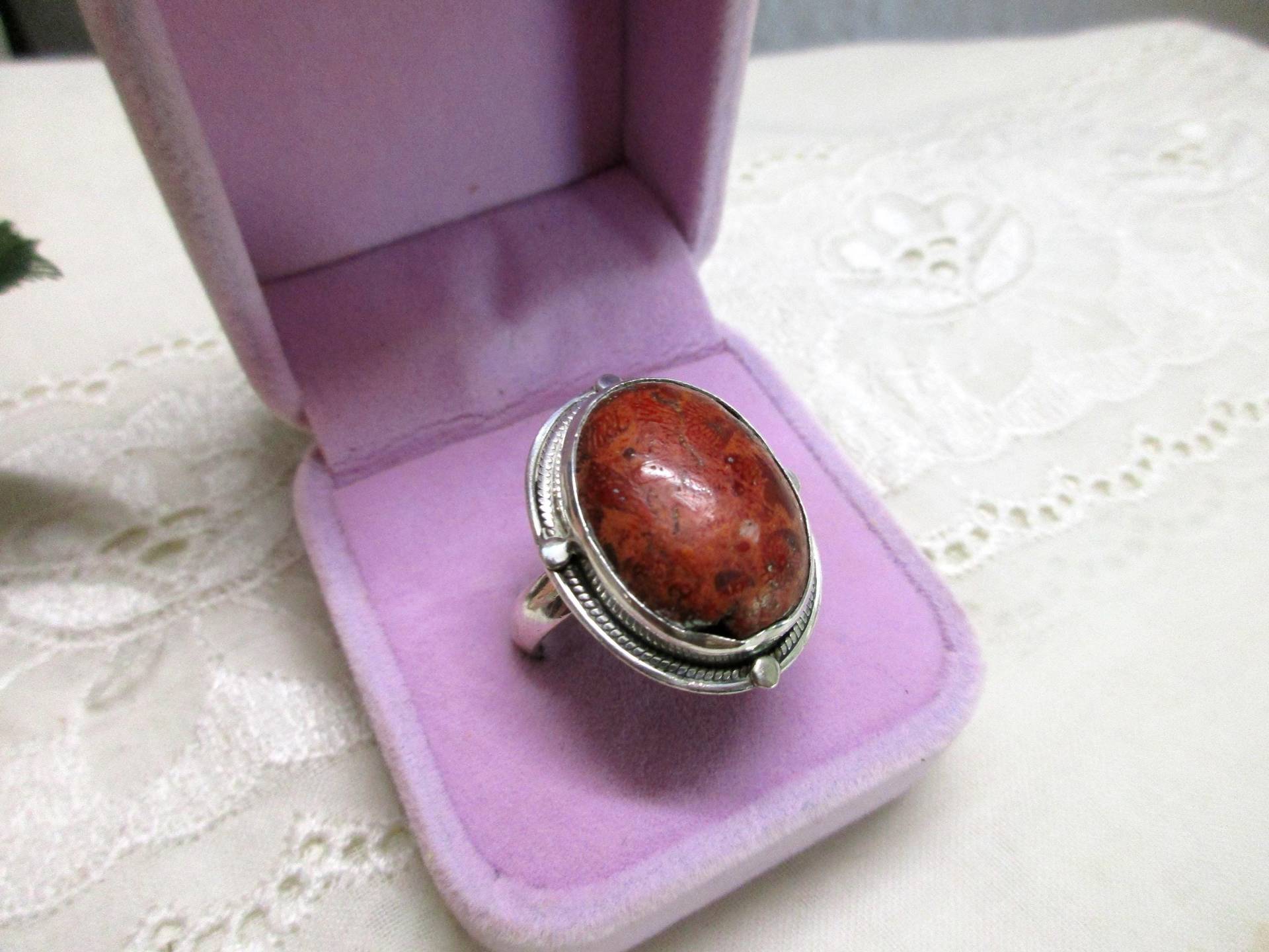 Ausgefallener Silberring Mit Großer Schaumkoralle 925 Roter Stein Damenring 19 Mm 60 Geschenk von VintageTausendSchoen
