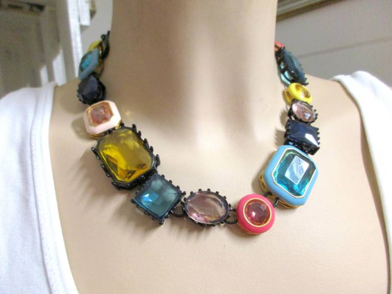 Massives Fröhliches Buntes Statement Collier Damen Kette Looks By Wolgang Joop Retro 80Er 90Er Vintage Halskette Gelb Grün Rosa Blau von VintageTausendSchoen