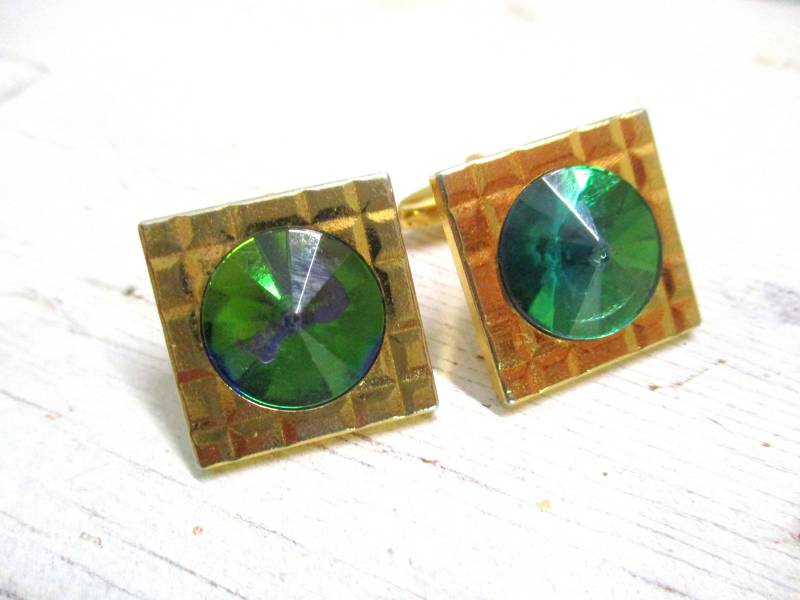 Vintage Manschettenknöpfe Goldton Grün 80Er von VintageTausendSchoen