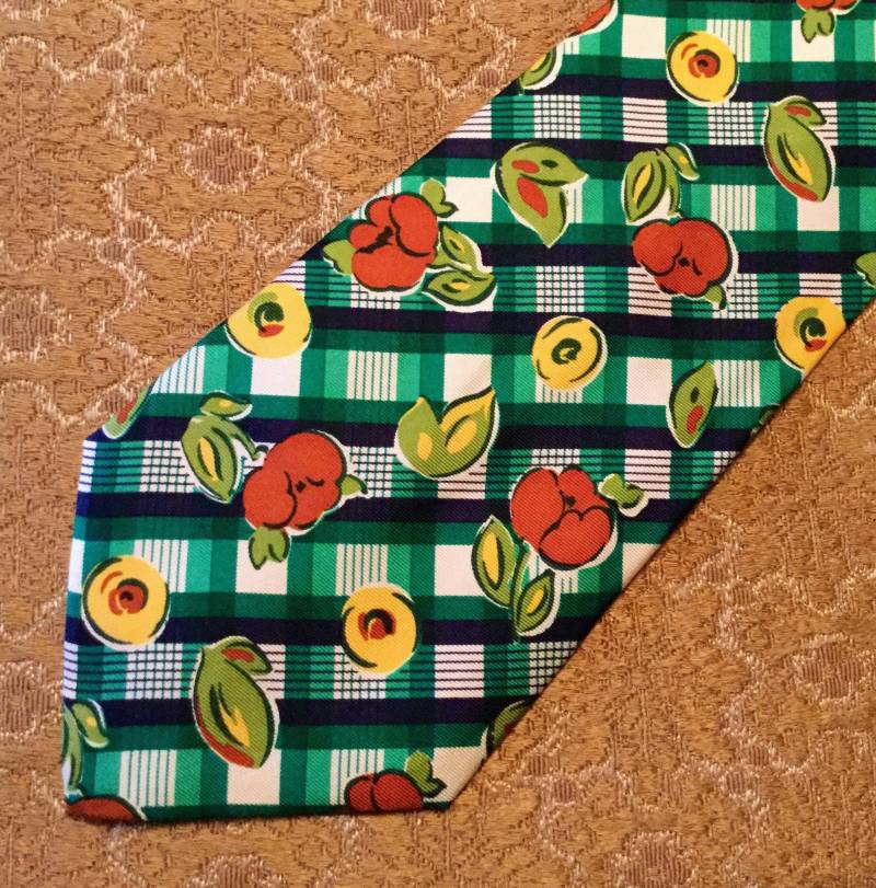Seltene Vintage 1990Er Jahre Gingham Floral Motiv Krawatte in Grün, Gelb & Braun Von Roberto Mocellini, Mailand Reiner Seide von VintageTimeAfterTime