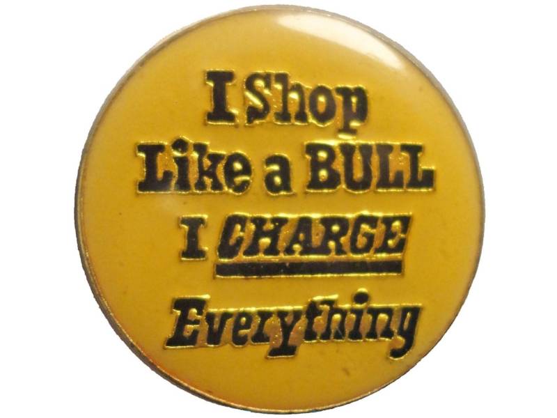 Vintage Emaille Pin I Shop Like A Bull Credit Card Pinback von VintageTrafficUSA