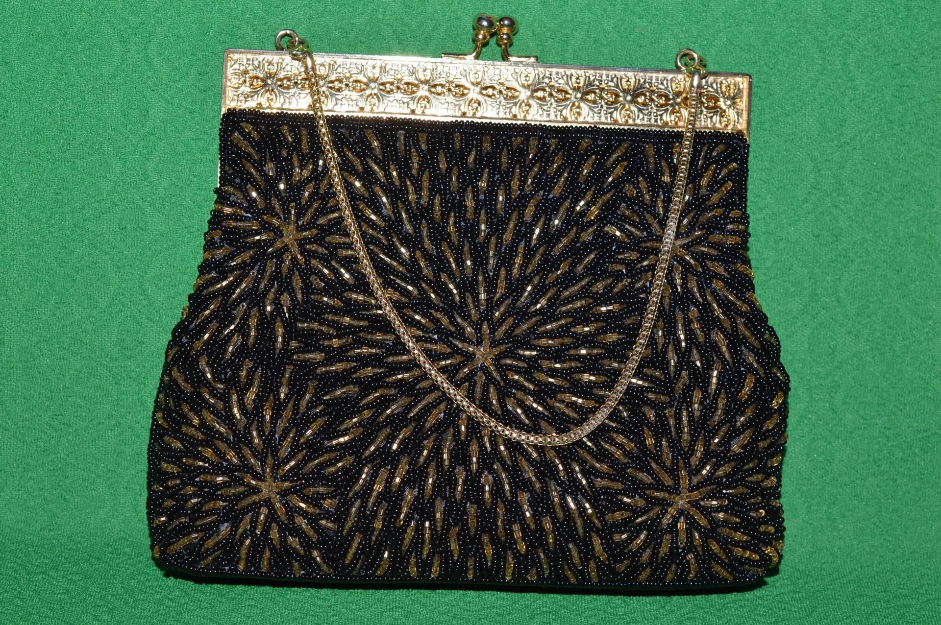 Vintage Schwarz Gold Perlen Metall Verschluss Hochzeit Clutch Abend Handtasche 1960Er Jahre von VintageVernisage