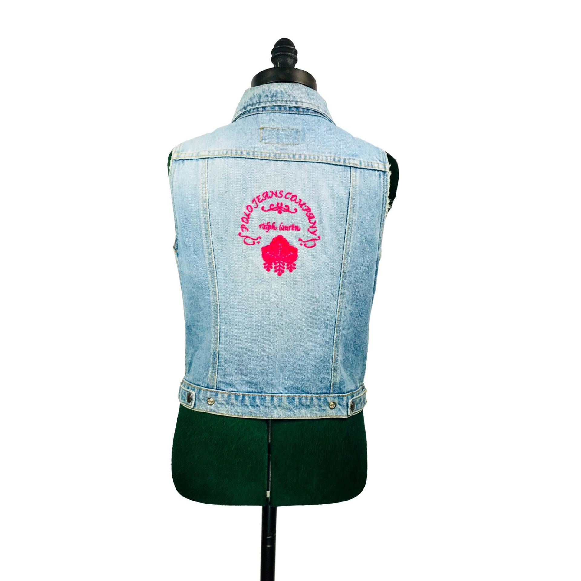 90Er Jahre Polo Jeans Co. Ralph Lauren, Light Wash Denim Weste W/Rosa Stickerei von VintageVigilantes
