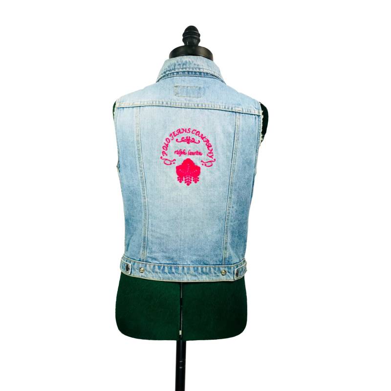 90Er Jahre Polo Jeans Co. Ralph Lauren, Light Wash Denim Weste W/Rosa Stickerei von VintageVigilantes