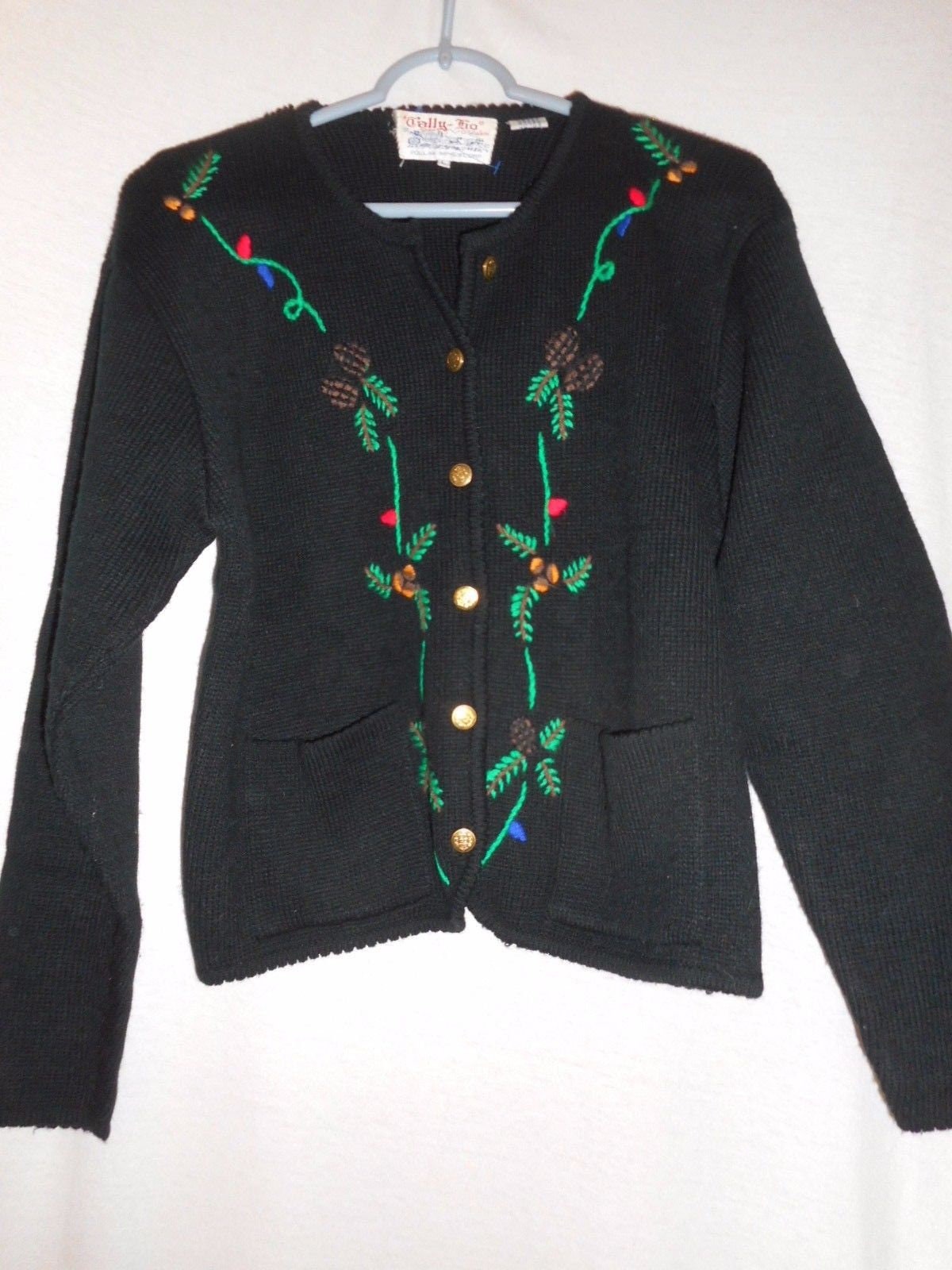 Jahrgang Größe L Tally-Ho Weihnachten Bestickt Schwarz Pullover Strickjacke Jacke von VintageWoofatorium