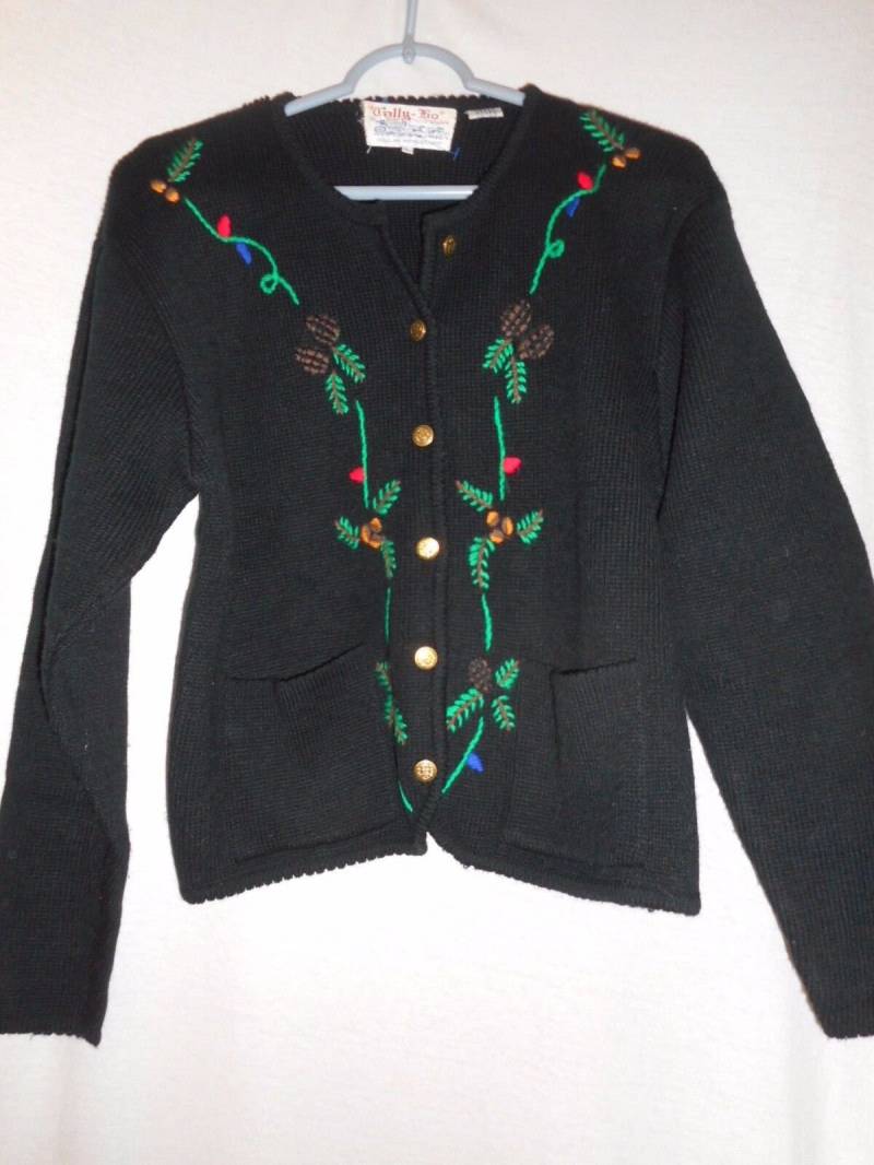 Jahrgang Größe L Tally-Ho Weihnachten Bestickt Schwarz Pullover Strickjacke Jacke Jahrgang Größe L Tally-Ho Weihnachten Bestickt Schwarz Pullover Strickjacke Jacke von VintageWoofatorium