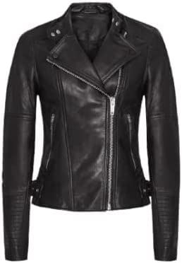 Damen Echt Lammfell Lederjacke Brando Style Echt Schafsleder Slim Fit Moto Kurzmantel Jacke, Schwarz , 36 von Vintagearc