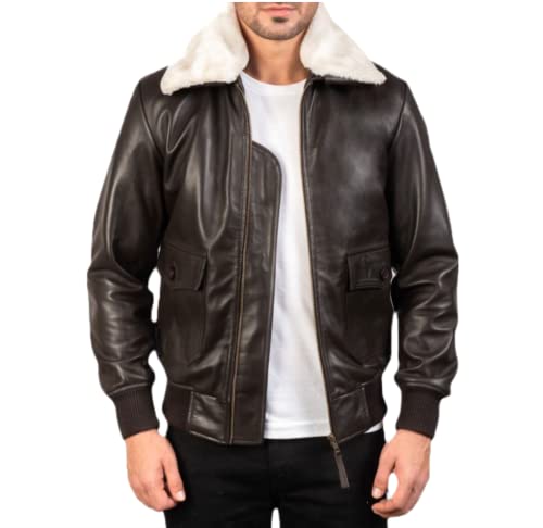 Herren Aviator G-1 Pelzkragen Flight Echtleder Jacke A-2 Abnehmbare Fell Vintage Lederjacke B-3 Schwarz Bomber Stil WW2 Navy Pilotjacke, Braun-weißes Fell, L von Hafsah