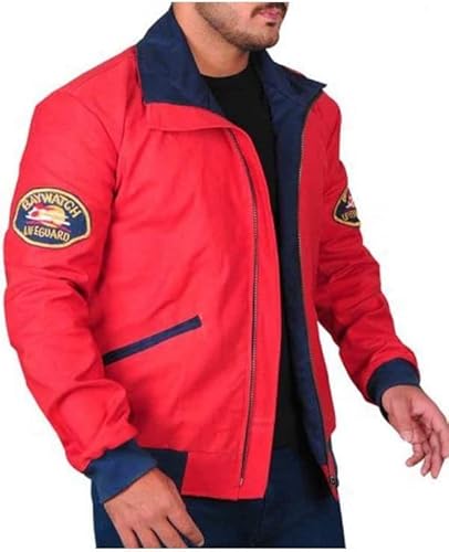 Vintagearc Letterman David Hasselhoff Baywatch Lifeguard Beach Style rote Bomberjacke aus Baumwolle, rot, M von Vintagearc