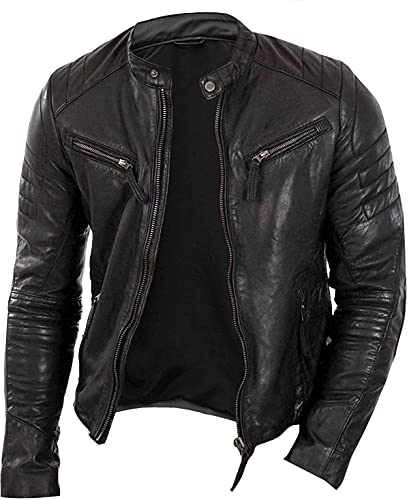 Herren Slim Fit Distressed Lederjacke | Motorrad-Lederjacke | Cafe Racer Jacke für Herren | Biker-Lederjacke für Herren Reiterjacke, Schwarz Slim Fit, XL von Vintagearc