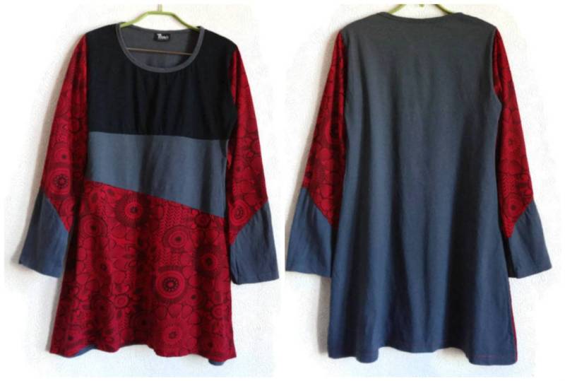 Baumwoll-Jersey Kleid Blumen-Kleid Knie-Länge Vintage Kleidung Schwarz Grau Rotes Sommer Langarm Xl Damenbekleidung von Vintageby2sisters