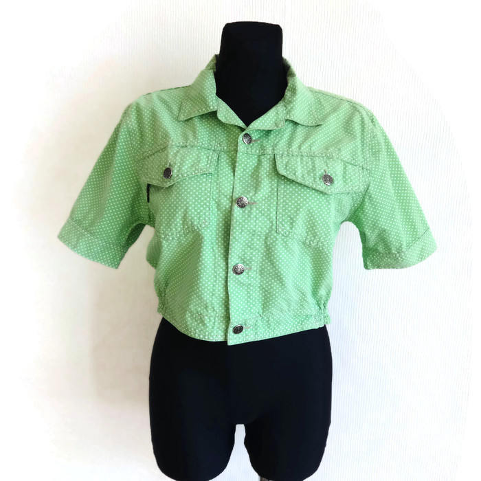 Grün Und Weiß Gepunktete Baumwolljacke, Die Kurze Weste Fronttaschen Kurzarm Vintage Frauen Jacke Mode Der 90Er Jahre Sommer Tasten von Vintageby2sisters