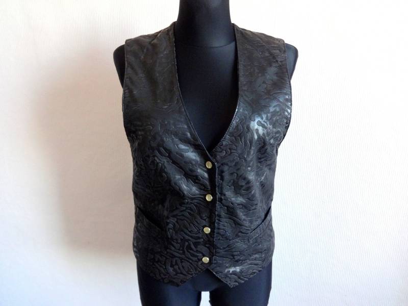 Jahrgang Strukturierte Echt Lamm Leder Weste Druckknöpfe Verschluss Schwarz Weiches Fronttaschen Vollverkleidung Vintage 90Er Jahre von Vintageby2sisters