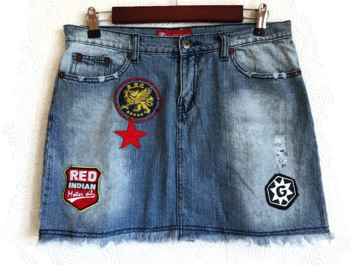 Jeansrock Kurzer Rock Mit Applikationen Denim Fringe Damenmode L Größe von Vintageby2sisters