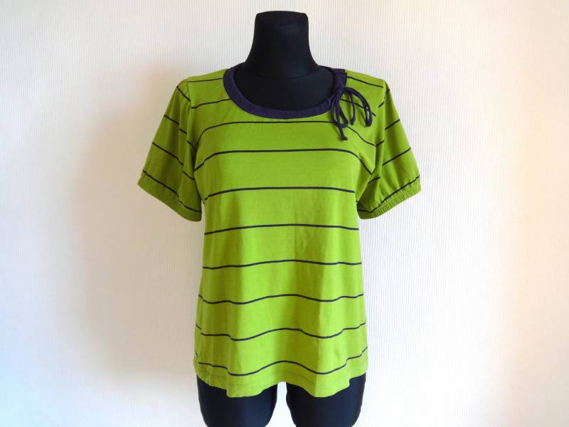 Marimekko Damen Grün & Violett Gestreiftes T-Shirt Horizontale Streifen Baumwolle Jersey Gummierte Ärmel Angezogener Kragen Xl von Vintageby2sisters