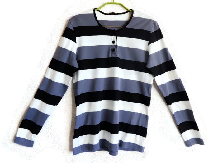 Marimekko Gestreiftes Hemd Lange Ärmel Baumwollhemd Violett Weiß Schwarzes Marimekko Top Damenhemd Damenbekleidung M-Größe Maritimes von Vintageby2sisters