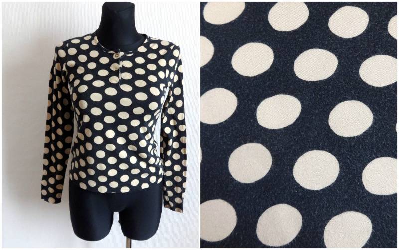 Marimekko Schwarz & Hellbraun Large Dots Top Baumwoll-Jersey Mika Piirainen Designs Gepunktetes Vintage Damen Kleidung Xs S von Vintageby2sisters