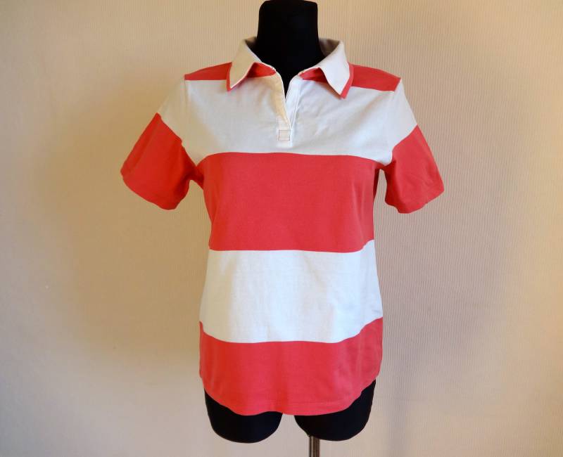 Marimekko Weiß & Rosa Breite Streifen Top Damen Polo Baumwolle Jersey Kleidung Mika Piirainen Sommer T Kurzarm von Vintageby2sisters