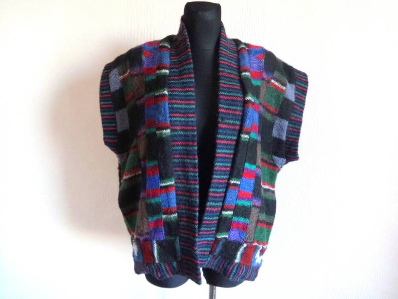 Vintage 80Er Jahre Bunte Wolle Weste Offene Front Unisex Große Größe Warme Kleidung Karierte Gestreifte Volles Futter 2 Seitentaschen von Vintageby2sisters