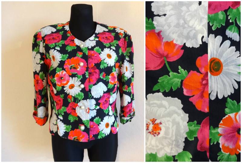 Vintage 90Er Floral Blazer 3/4 Ärmel Buttons Down Sommer Kleidung Schwarz Rosa Grün Gepolsterte Schultern Baumwolle Gb 14 von Vintageby2sisters