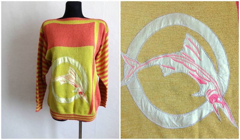 Vintage 90Er Jahre Fisch Verziert Powder Pink & Gelb Pullover Damen Baumwolle Mischung Farbe Block Täglichen Vintage-Kleidung von Vintageby2sisters