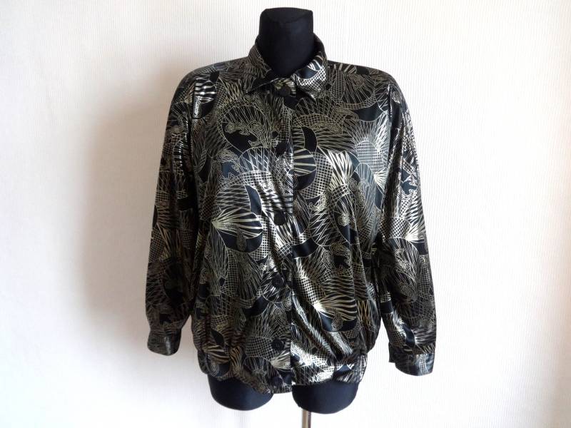 Vintage Black & Golden Satin Jacket Women Es Clothing 90S Padded Shoulders Butons Down Abstract Print Spring von Vintageby2sisters