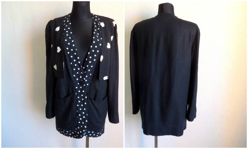 Vintage Black & White Hearts Blazer One Button Closure Front Pockets Linen Blend Women Es Jacket Large Size Clothing von Vintageby2sisters