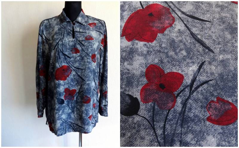 Vintage Bluse Blau & Rot Blumen Print Langarm Keyhole Front One Button Closure Damen Alltagskleidung Größe 42 von Vintageby2sisters
