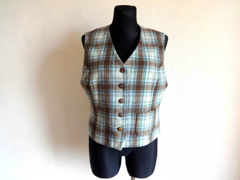Vintage Braun & Blau Kariert Weste Wolle Mischung Kleidung Karierten Warm Damen 90Er Jahre Voller Futter von Vintageby2sisters