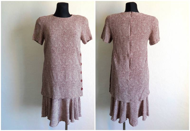 Vintage Braun & Weiß Kleine Blume Kleid 2-Schicht-Kleid Gemusterte Kurzarm Sommer Kleidung Reißverschluss Gepolsterte Schultern von Vintageby2sisters