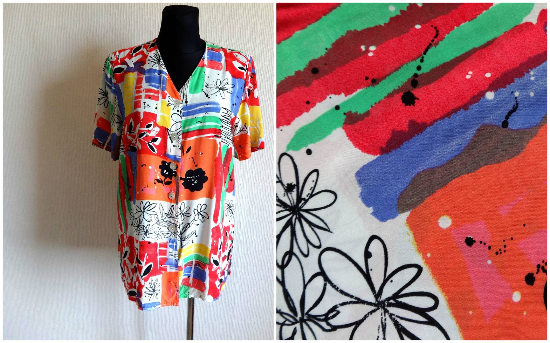 Vintage Bunte Abstrakte Print Damen Bluse Sommer Kleidung Knöpfe Verschluss Kurzarm Boho Hippie Größe 38 von Vintageby2sisters