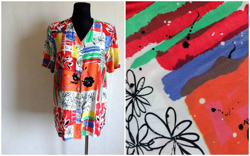 Vintage Bunte Abstrakte Print Damen Bluse Sommer Kleidung Knöpfe Verschluss Kurzarm Boho Hippie Größe 38 von Vintageby2sisters