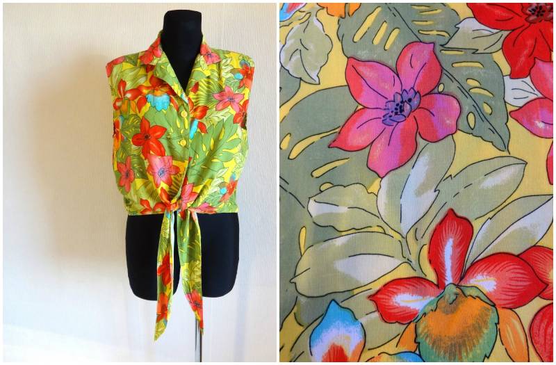 Vintage Bunte Gebunden Tank Top Sommer Ärmelloses Helle Kleidung Knöpfe Verschluss Gedruckt Blumen Floral Size40 von Vintageby2sisters