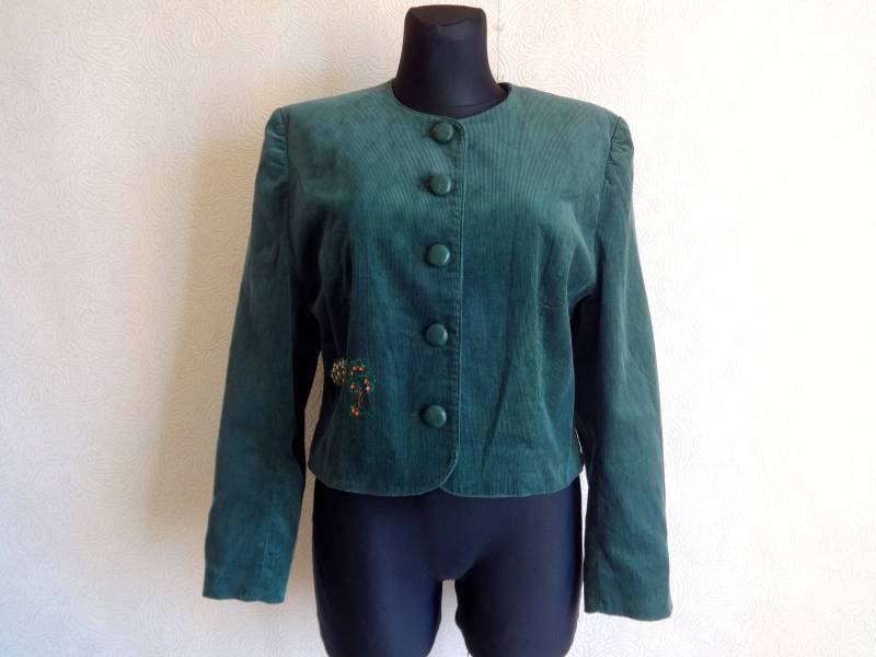 Vintage Cord Grün Blazer 80Er Mode Gestickte Knöpfe Unten Langarm Apfelbaum Damen Kleidung Gepolsterte Schultern von Vintageby2sisters