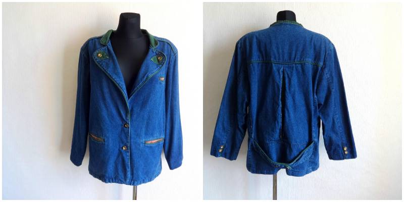 Vintage Damen Blau Denim Jacke Voller Futter Knöpfe Oben Vorne Taschen Split Auf Der Rückseite Gepolsterte Mode 80Er 90Er Jahre Größe 42 von Vintageby2sisters