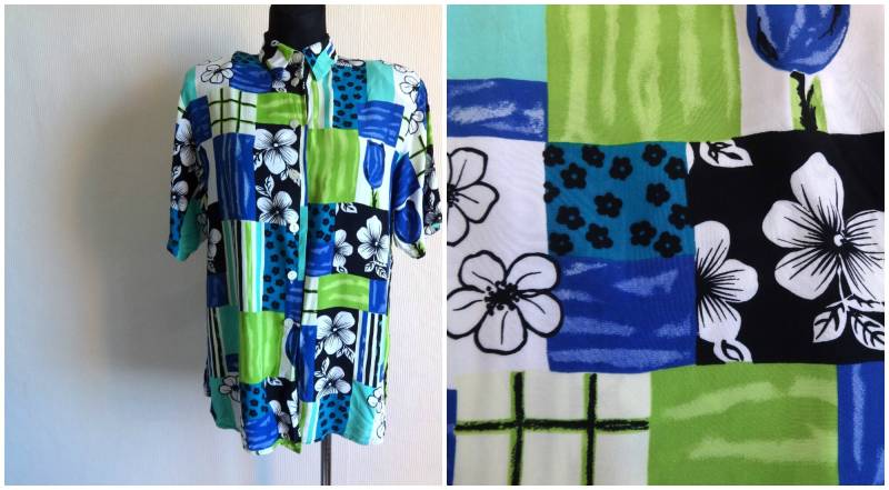 Vintage Damen Bunte Bluse Abstrakte Print Sommer 80Er Jahre Kleidung Blau Grün Weiß Shirt Gepolsterte Schultern Größe 38 von Vintageby2sisters