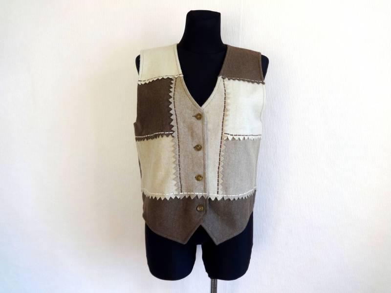 Vintage Damen Patchwork Braun Beige Weste Warme Wolle Mode 90Er Jahre Alltagsbekleidung M Größe von Vintageby2sisters