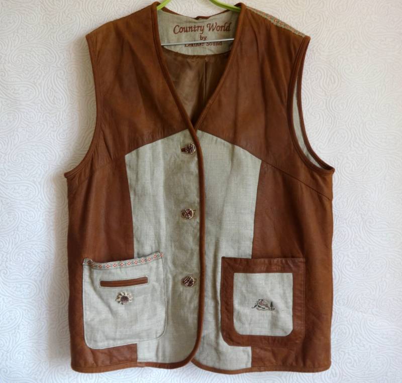 Vintage Echtes Leder Drindl Weste Damen Leinen Hipster Kleidung Bestickte Mode 80Er 90Er Jahre Lederbekleidung von Vintageby2sisters